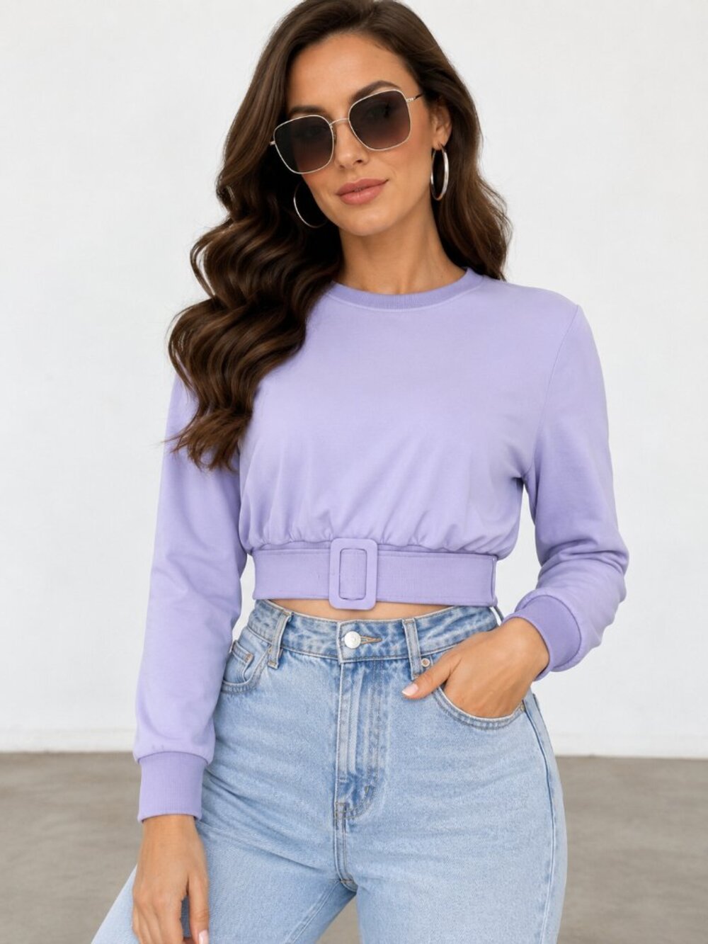 Lavender Cropped Belted Cotton Sweatshirt NWT
